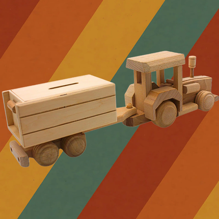 Spardose Traktor mit Anhänger aus massivem Holz