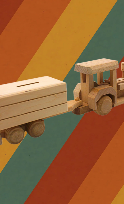 Spardose Traktor mit Anhänger aus massivem Holz
