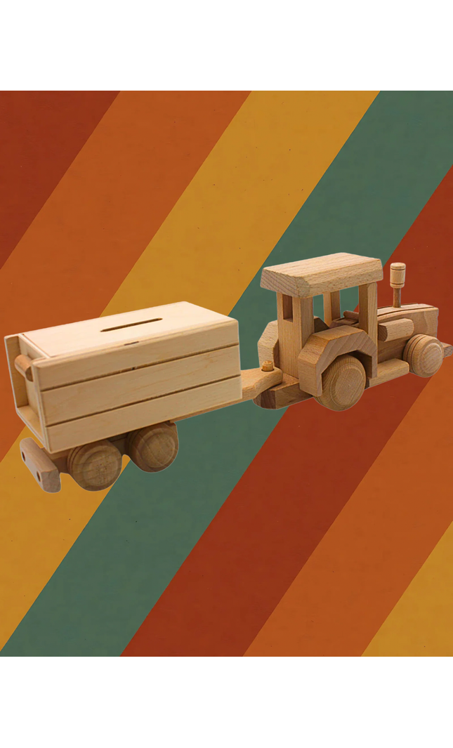 Spardose Traktor mit Anhänger aus massivem Holz