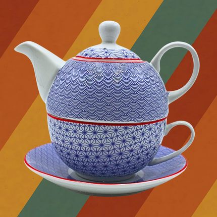 Porzellan Teeset im DDR Ostalgie Stil blau weiß