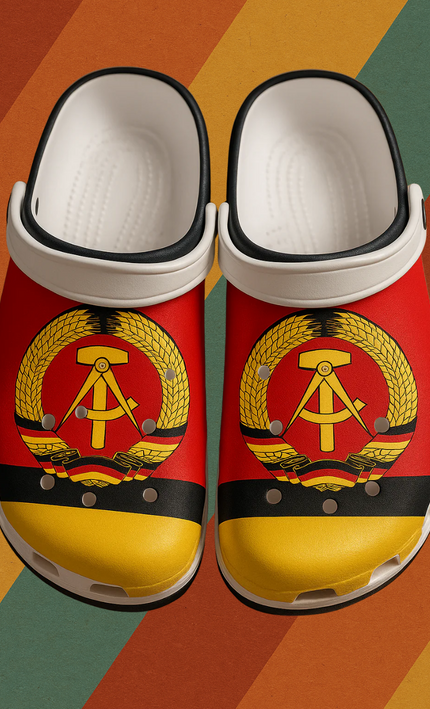 DDR Garten-Clogs schwarz mit Staatswappen Sommerlatschen