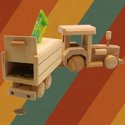 Spardose Traktor mit Anhänger aus massivem Holz