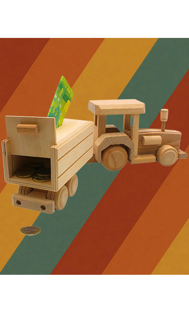 Spardose Traktor mit Anhänger aus massivem Holz