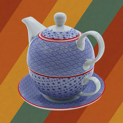 Porzellan Teeset im DDR Ostalgie Stil blau weiß