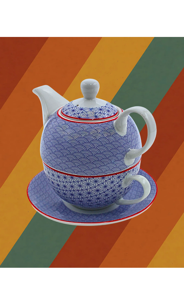 Porzellan Teeset im DDR Ostalgie Stil blau weiß