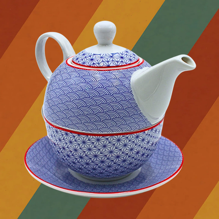 Porzellan Teeset im DDR Ostalgie Stil blau weiß