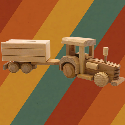Spardose Traktor mit Anhänger aus massivem Holz