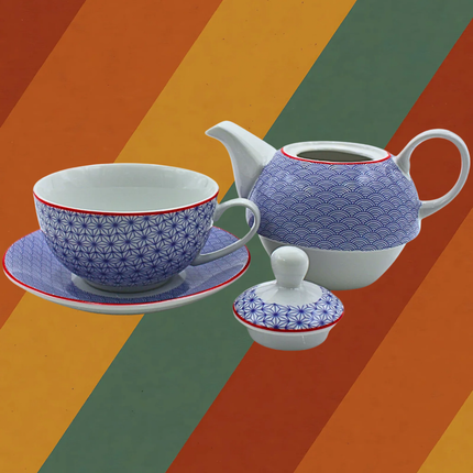 Porzellan Teeset im DDR Ostalgie Stil blau weiß